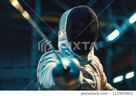 Fencer in a mask with a sword in his hands in the dark. 113945963