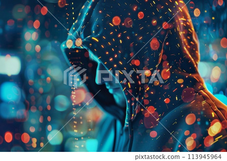 Hooded young man in hoodie at night. 113945964