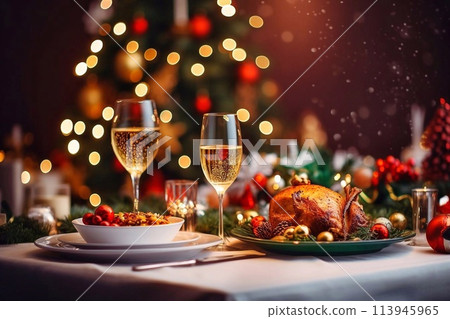 Two glasses of champagne on a festive table with candles and Christmas decorations 113945965