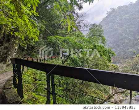Taroko, Taiwan - 11.26.2022: A hiker walking on Shakadang Trail under an umbrella along cliffs and trees with Liwu River in the rain during the pandemic before 403 earthquake Taroko, Taiwan - 11.26.2022: A hiker walking on Shakadang Trail under an umbrella along cliffs and trees with Liwu River in the rain during the pandemic before 403 earthquake 113945985