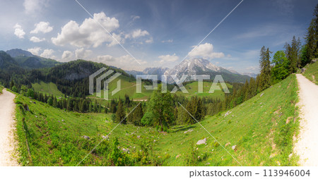 Mountain valley with tracks near Jenner mount in Berchtesgaden National Park Mountain valley with tracks near Jenner mount in Berchtesgaden National Park 113946004
