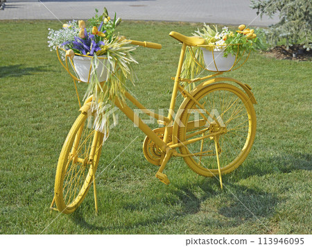 decorative bicycle with baskets of flowers. decoration of lawns in city parks decorative bicycle with baskets of flowers. decoration of lawns in city parks 113946095