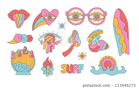 Summer groovy cartoon surf, wave, shell, glasses, eye. Trippy bright designs for t-shirt prints, posters, stickers. 113946273