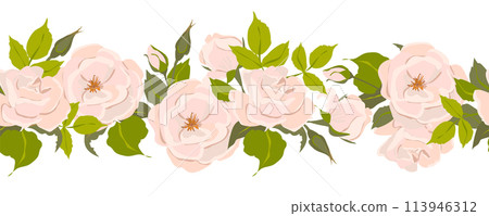 Seamless pattern of pink roses. Floral beautiful border of pastel spring flowers. Vector illustration in flat style for textile design. Retro illustration, Provence style. Seamless pattern of pink roses. Floral beautiful border of pastel spring flowers. Vector illustration in flat style for textile design. Retro illustration, Provence style. 113946312