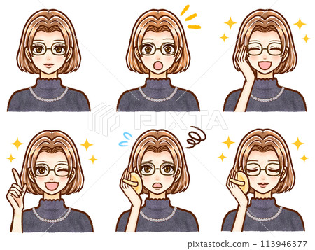 戴眼鏡的時尚棕色鮑伯頭髮成年女性的插圖素材集 113946377