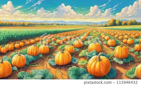 Illustration of a pumpkin field stretching to the horizon 113946432