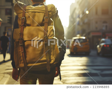 Male traveler on a deserted morning street. 113946893