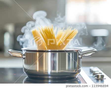 Cooking spaghetti in a pan on the stove. 113946894