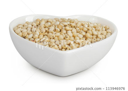 Sorghum seeds in ceramic bowl isolated on white background with full depth of field. 113946976