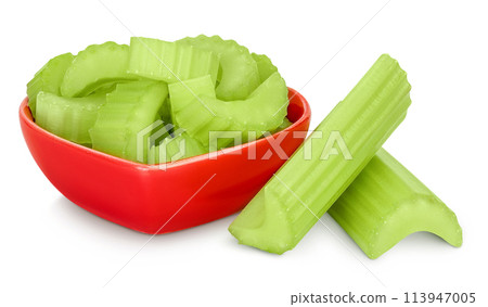 fresh celery in ceramic bowl isolated on white background with full depth of field fresh celery in ceramic bowl isolated on white background with full depth of field 113947005