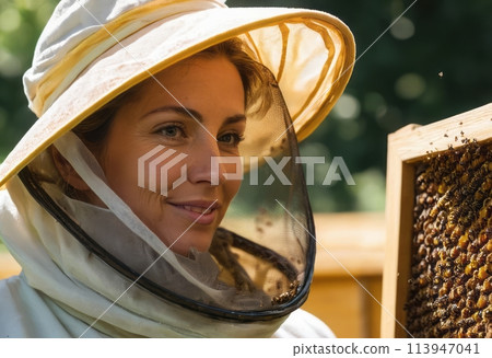 Beekeeper Tending to Beehives 113947041