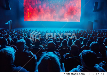 Group of people sitting and watching movie in the cinema. 113947141