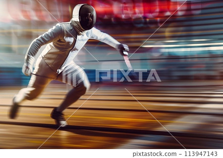 Fencer running fast on a track with motion blur effect. 113947143