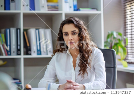 Portrait of a female psychotherapist sitting in an office chair 113947327