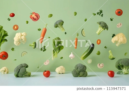 Vegetables fly in the air on a light green background. 113947371