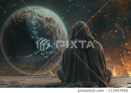Hooded figure gazes at Earth in a atmospheric setting 113947698