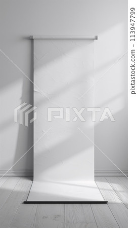 Blank White Banner Stand Ready for Branding in a Neutral Setting 113947799