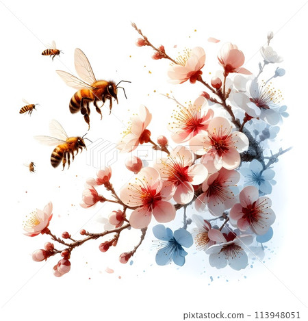 On a pure white background, isolated on a white background, Branch of a blossoming apple tree close up, , a bee sits on a flower, diligently busy with its work collecting pollen 113948051