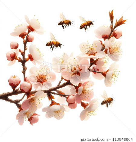 On a pure white background, isolated on a white background, Branch of a blossoming apple tree close up, , a bee sits on a flower, diligently busy with its work collecting pollen 113948064