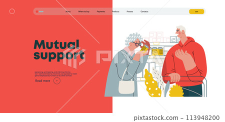 Mutual Support: Helping a visually impaired person -modern flat vector concept illustration of man offering to read label for woman in supermarket A metaphor of voluntary, collaborative exchanges Mutual Support: Helping a visually impaired person -modern flat vector concept illustration of man offering to read label for woman in supermarket A metaphor of voluntary, collaborative exchanges 113948200