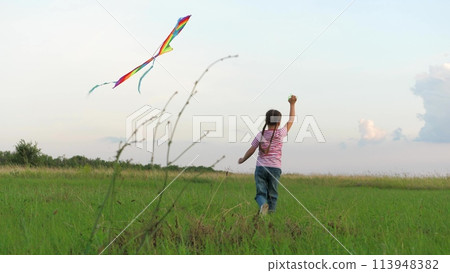 Overjoyed little girl child running with flying kite at green grass field enjoy happy childhood. Cute female kid playing outdoor flight toy entertainment joy with positive emotion at summer meadow 113948382