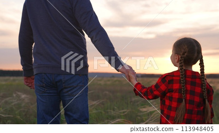 Daughter father holding hands at sunset. Little kid child baby man daddy strolling forward together toward at sunrise. Concept of personal growth development upbringing transfer of generation values. Daughter father holding hands at sunset. Little kid child baby man daddy strolling forward together toward at sunrise. Concept of personal growth development upbringing transfer of generation values. 113948405