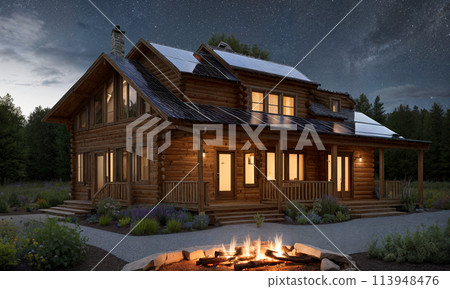 Country house or villa in the forest with solar panels on the roof. Night with a starry sky Country house or villa in the forest with solar panels on the roof. Night with a starry sky 113948476