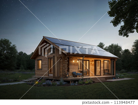Country house or villa in the forest with solar panels on the roof. Night with a starry sky Country house or villa in the forest with solar panels on the roof. Night with a starry sky 113948477