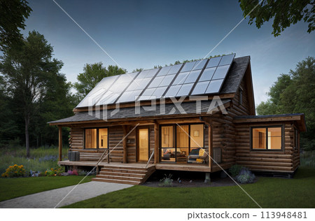 Country house in the forest with solar panels on the roof 113948481