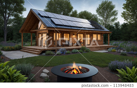 Country house in the forest with solar panels on the roof Country house in the forest with solar panels on the roof 113948483