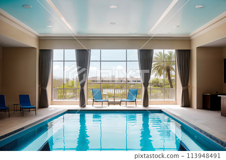 Indoor large modern swimming pool in a house or villa or holiday complex with large panoramic windows with a view of cherry blossoms 113948491