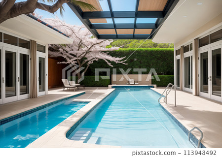 Indoor large modern swimming pool in a house or villa or holiday complex with large panoramic windows with a view of cherry blossoms 113948492