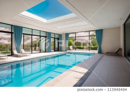 Indoor large modern swimming pool in a house or villa or holiday complex with large panoramic windows with a view of cherry blossoms 113948494