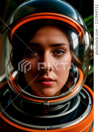 Futuristic woman astronaut in spacesuit and white-orange helmet in dense forest Futuristic woman astronaut in spacesuit and white-orange helmet in dense forest 113948512