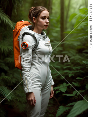Futuristic woman astronaut in spacesuit and white-orange helmet in dense forest Futuristic woman astronaut in spacesuit and white-orange helmet in dense forest 113948514