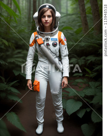 Futuristic woman astronaut in spacesuit and white-orange helmet in dense forest 113948518