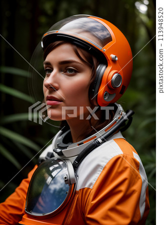 Futuristic woman astronaut in spacesuit and white-orange helmet in dense forest 113948520