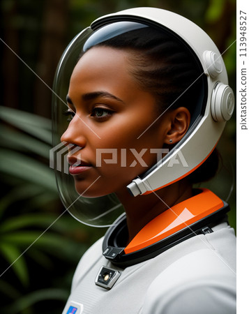 Futuristic woman astronaut in spacesuit and white-orange helmet in dense forest 113948527