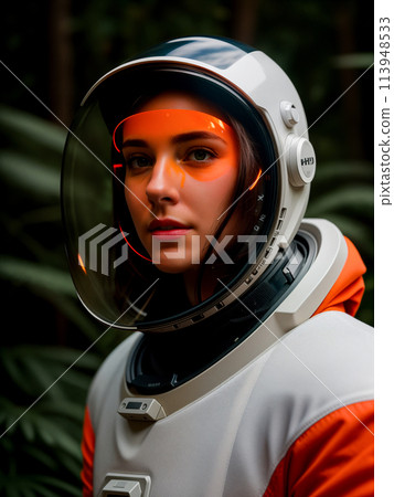 Futuristic woman astronaut in spacesuit and white-orange helmet in dense forest 113948533