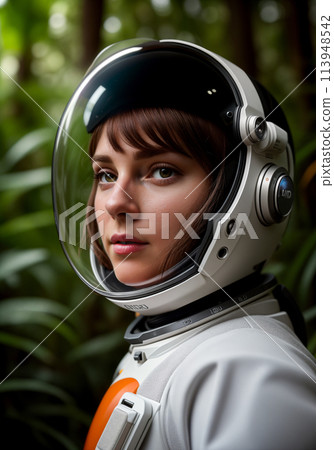 Futuristic woman astronaut in spacesuit and white-orange helmet in dense forest 113948542