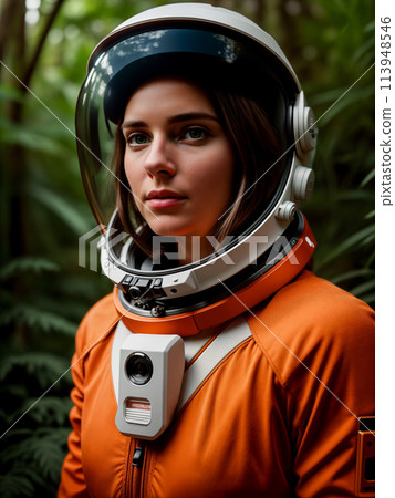 Futuristic woman astronaut in spacesuit and white-orange helmet in dense forest 113948546