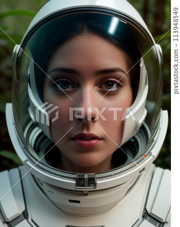 Futuristic woman astronaut in spacesuit and white-orange helmet in dense forest 113948549