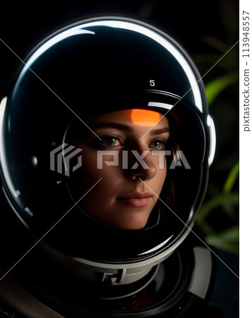Futuristic woman astronaut in spacesuit and white-orange helmet in dense forest Futuristic woman astronaut in spacesuit and white-orange helmet in dense forest 113948557