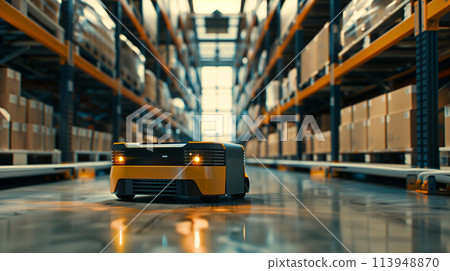 A robot is in a warehouse with a lot of boxes 113948870
