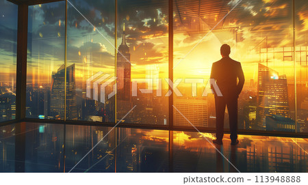A man is standing in a window looking out at the city 113948888