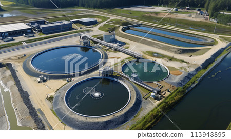A view of a water treatment plant with three large tanks 113948895