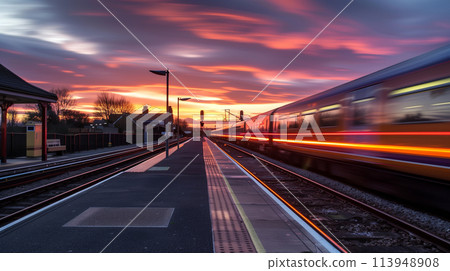 A train is passing by a train station with a beautiful sunset in the background A train is passing by a train station with a beautiful sunset in the background 113948908