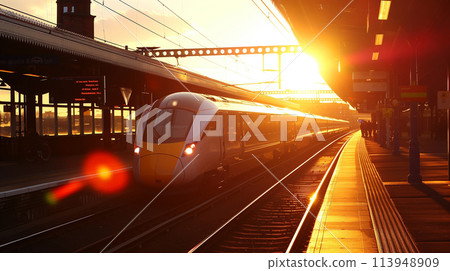 A train is on the tracks at a train station A train is on the tracks at a train station 113948909