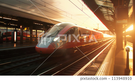 A train is traveling down the tracks at a train station A train is traveling down the tracks at a train station 113948910