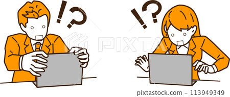 Businessmen encountering errors on their computers Businessmen encountering errors on their computers 113949349